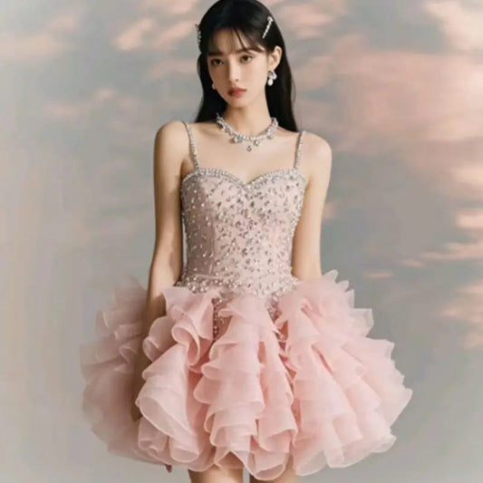 New Sleeveless Birthday Princess Party Dress for Sweet High Waist Slimming Aline Rufffle Puffy Strap Mini Dress for