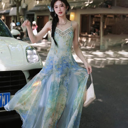 Blue Sfumato Print Dress ’s Commuting Splicing Evening Suspender Long Dresses Mesh Splicing Summer New Style