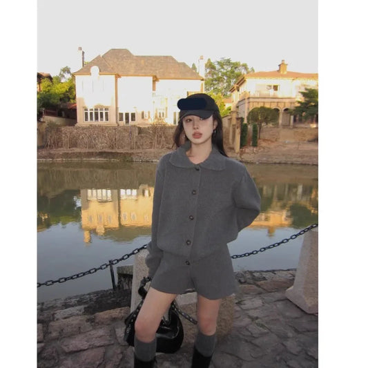 Sweet Hot Girl Suit Autumn/winter Sweater Peter Pan Collar Knitted Cardigan High Waist Shorts Twopiece Set