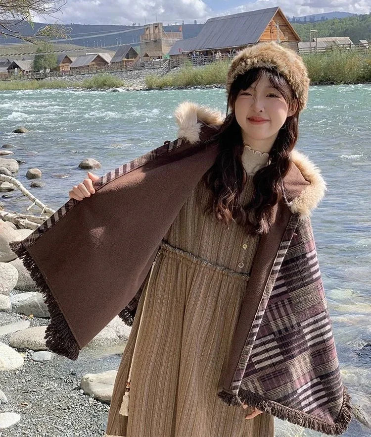 Japanese Gentle Patchwork Brown Tassel Hooded Cloak Shawl Short Coat Autumn/winter New
