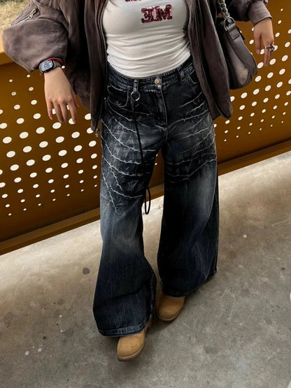 Y2k Baggy Jeans Harajuku Straight Do Old Wide Leg Full Length Denim Pants Hip Hop Causal Trousers