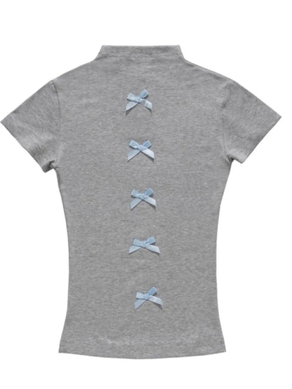 Bow Splicing Shortsleeved Tshirt Spring Summer New Base Shirt Slim Body Crop Top Korean Ropa De Mujer