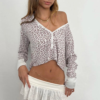 Stylish Leopard Print T-shirt Y2k Street Outfits Ribbed Long Sleeve Button Up Fitted Cropped Top Retro