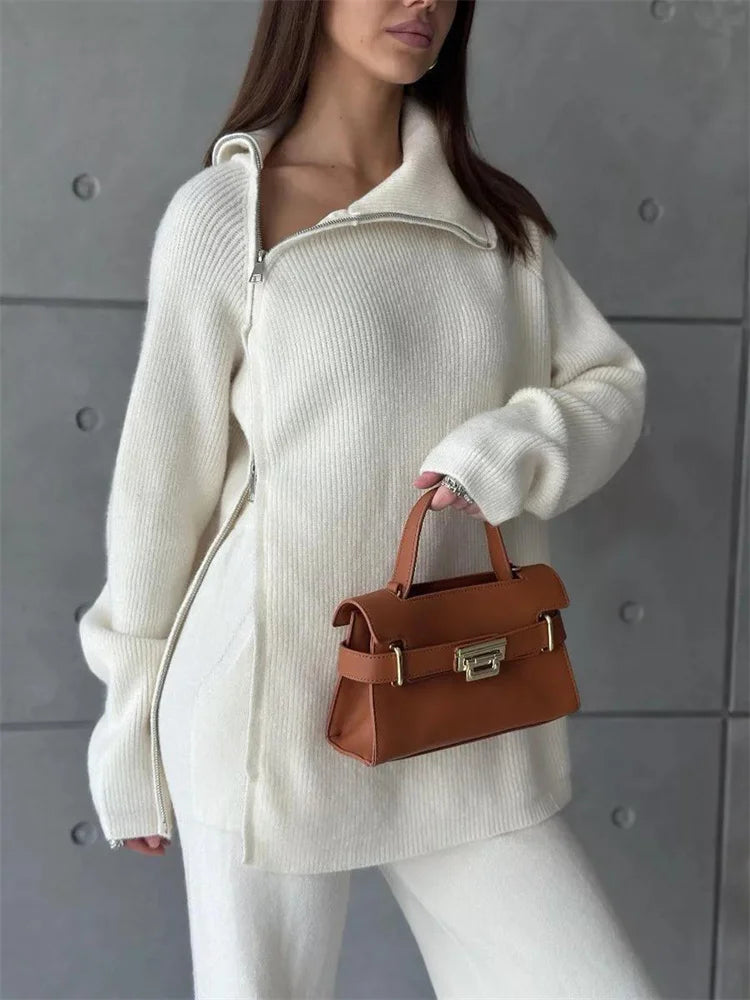 Knit Zipper ’s Pants Sets for Slim Lapel Long Sleeve Pullover and Patchwork Straight Legg 2 Piece-set Winter