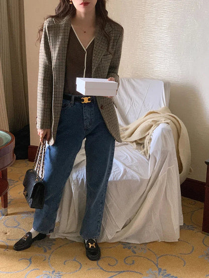 Wool Blends Coats Plaid Woolen Jacket Commute Blazer Korean Long Sleeve Outerwears Winter Overcoat