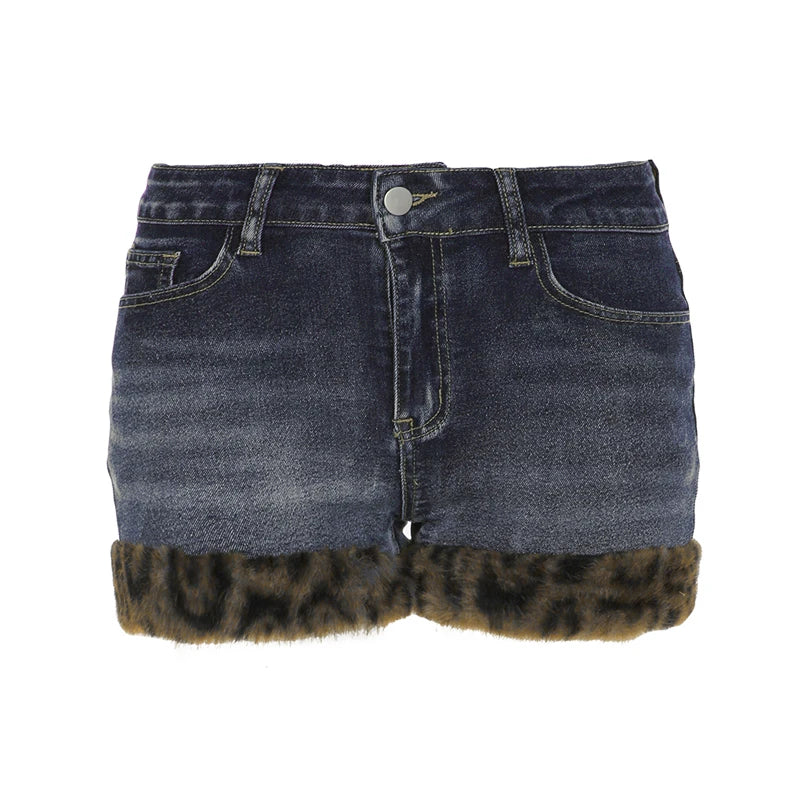 Y2k Leopard Faux Fur Spliced Jean Shorts Street Shorts Retro Exquisite