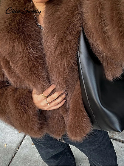 Brown Lapel Faux Fur Short Coat Fluffy Long Sleeve Warm Thick Loose Jacket Autumn Winter Lady High Street Outwear _