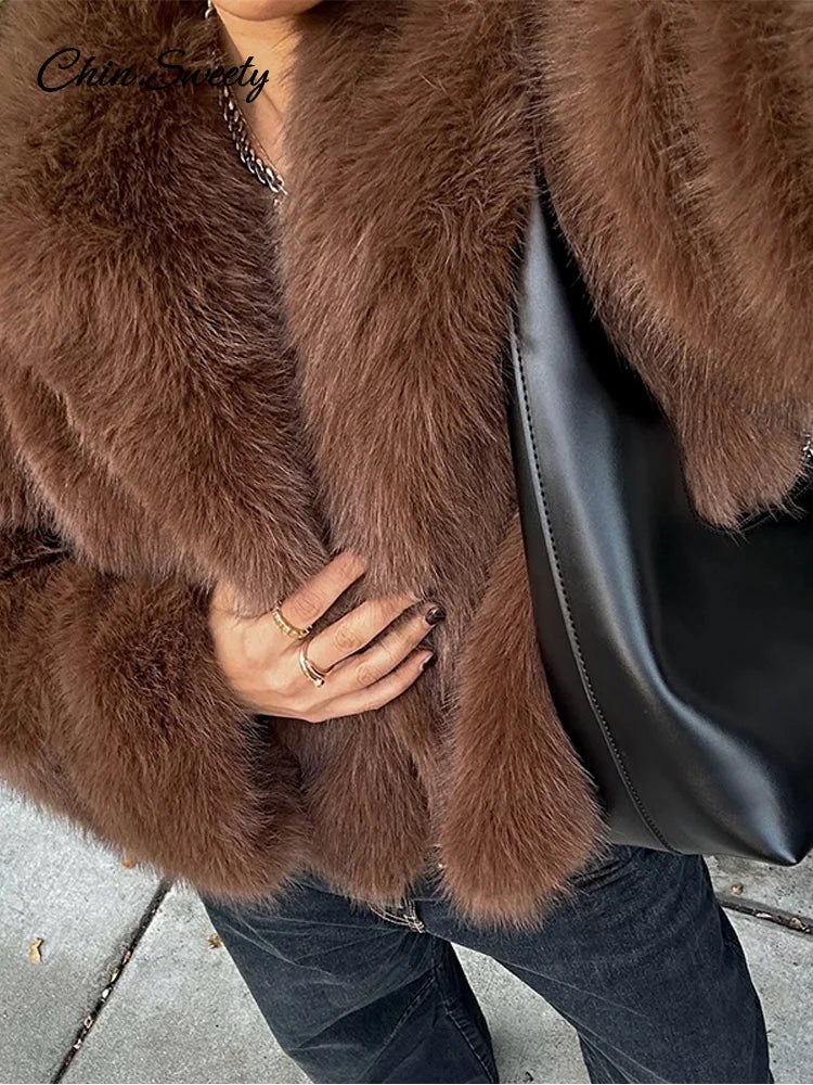 Brown Lapel Faux Fur Short Coat Fluffy Long Sleeve Warm Thick Loose Jacket Autumn Winter Lady High Street Outwear _