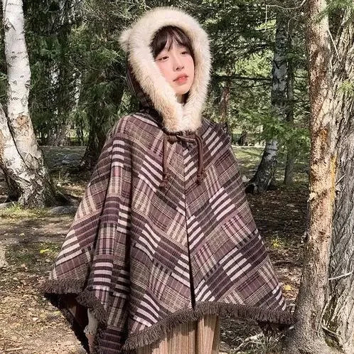 Japanese Gentle Patchwork Brown Tassel Hooded Cloak Shawl Short Coat Autumn/winter New