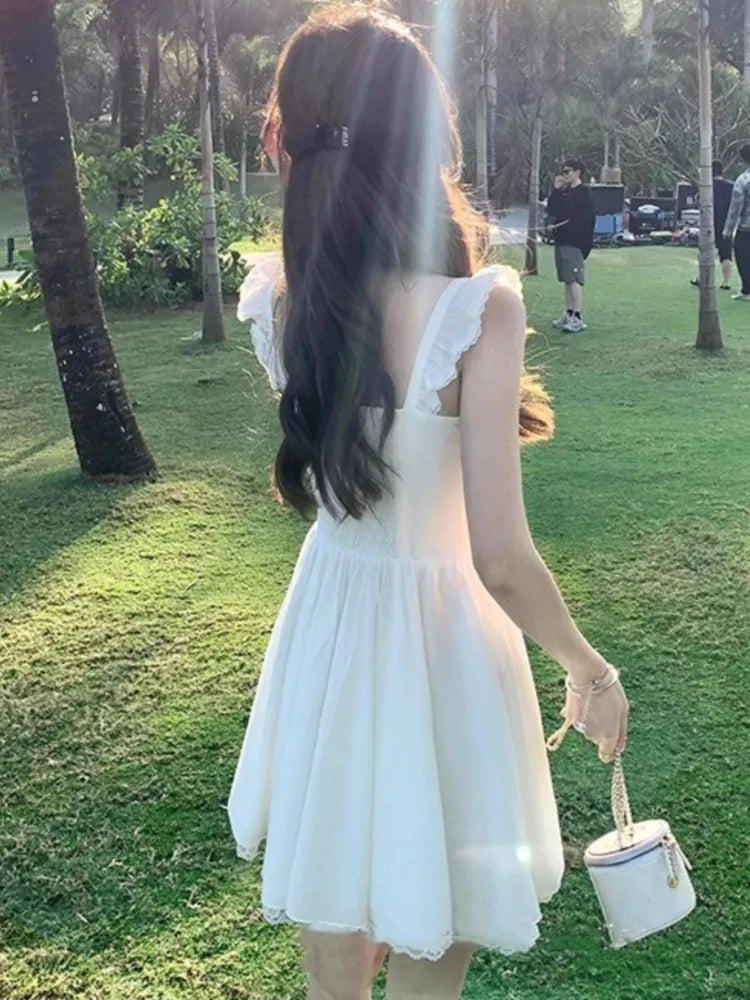 Sweet White Mini Dress Square Collar Sleeveless Laceup Birthday Party Dresses Summer Aline Short Vestidos