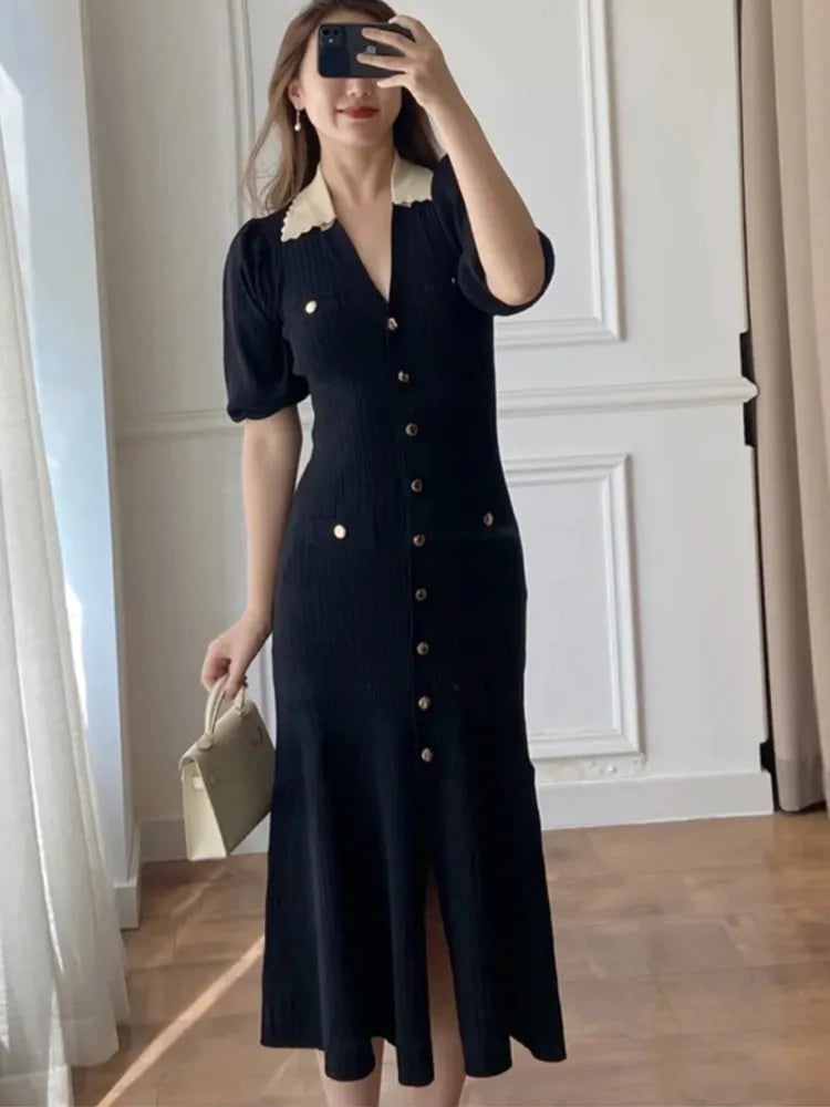 Autumn Knitted Dresses for Patchwork V-neck Puff Sleeve Single Breasted Midi Dress Vestidos Femme