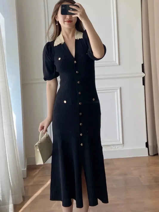 Autumn Knitted Dresses for Patchwork V-neck Puff Sleeve Single Breasted Midi Dress Vestidos Femme