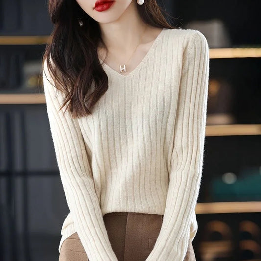 Sweater Long Sleeve Top Knitted Pullover V-neck Sweater Woman Winter Basic Female Clothing Soild Ol Sweater Df4933