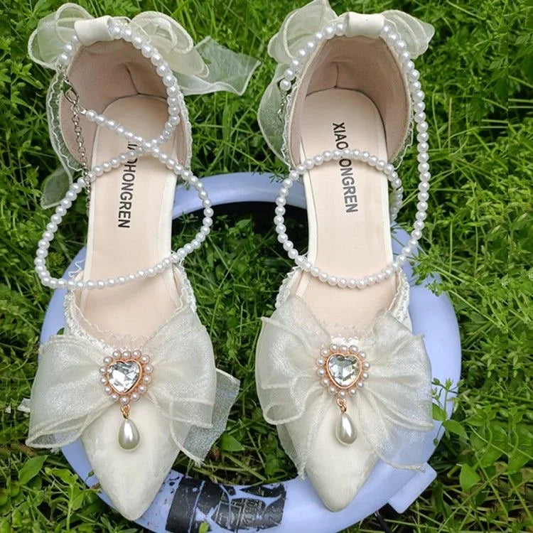 Woman Heels Lolita Y2k Mary Jane Shoes Black Heart Pearl Designer Shoes Sandals for Party and Weddings Evening