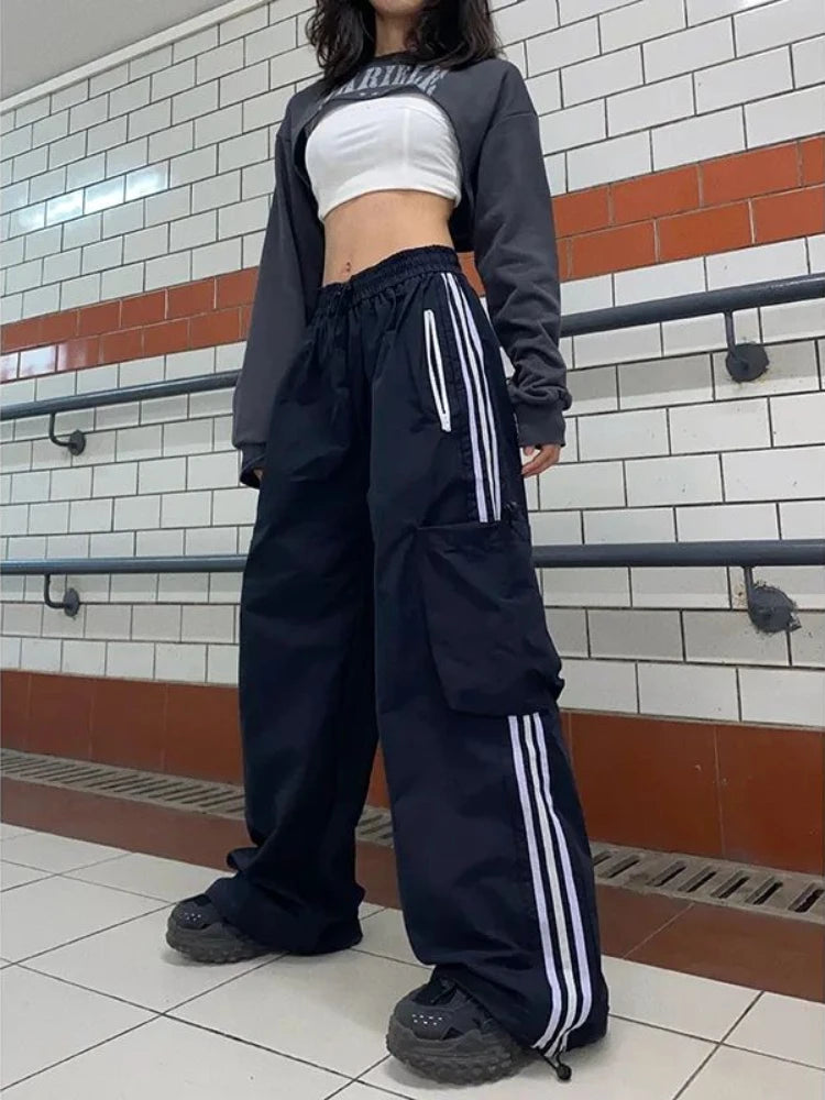 Cargo Pants for Hip Hop Oversize Wide Leg Trousers Y2k Pocket Side Stripe Ladie Jogger Pantalon