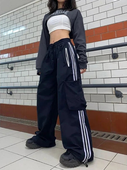 Cargo Pants for Hip Hop Oversize Wide Leg Trousers Y2k Pocket Side Stripe Ladie Jogger Pantalon