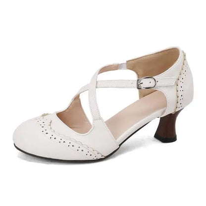 Cross Sandals Buckle High Heels Black Shoes for Round Toe Highheeled Beige Spring Elastic Band Comfort