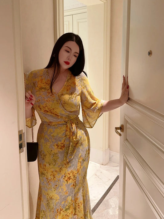 French Style Print Wrap Around Body Large Size Belly Covering Slimming Holiday Long Dress Wrap Around Skirt Large Size