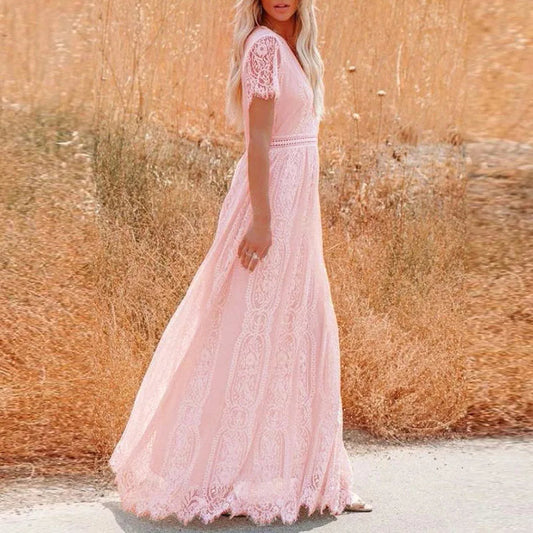 Jacquard Embroidery Lace Party Dress Spring Vneck High Waist Long Dress Summer Short Sleeve Loose Maxi Dress