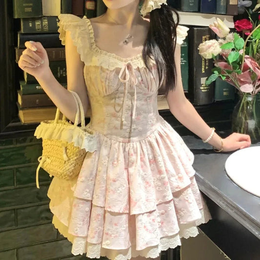 Flying Sleeve Sweet Mini Dresses Square Neck Ruffles Spring Summer Dress Korean Vestidos Mujer