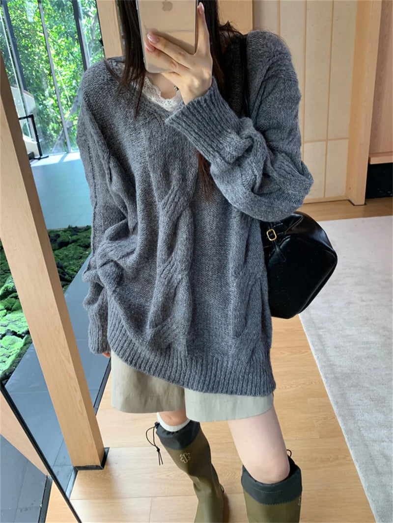 Grey Midlength Sweaters Retro Knitted Lace Patchwork Slim New Autumn Sweet Gentle Pullovers