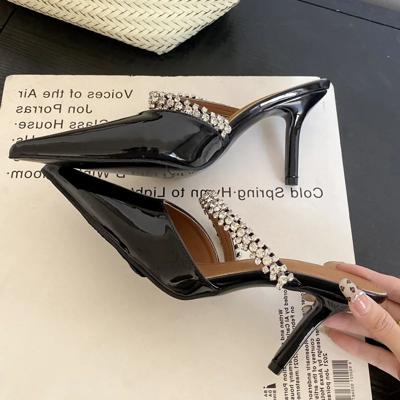 Spring Street Crystal Slipper Pointed Toe Thin Low Heel Sandal Slip on Mules Shoes Zapatos Mujer