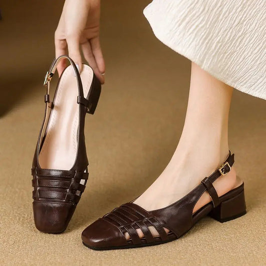 Design Sandals Square Toe Block Heels 3.5cm Back Buckle Strap Big Size 43 Dating Shoes 31 32