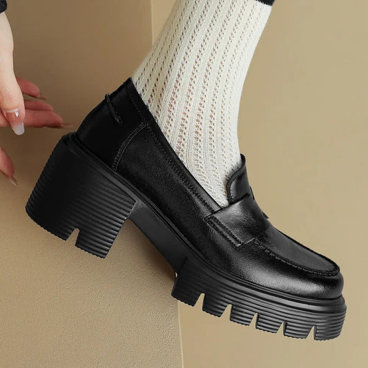 Genuine Leather Chunky Heel Platform Spring New Moccasins Round Toe Soft Comfortbale Loafers Shoes Hot