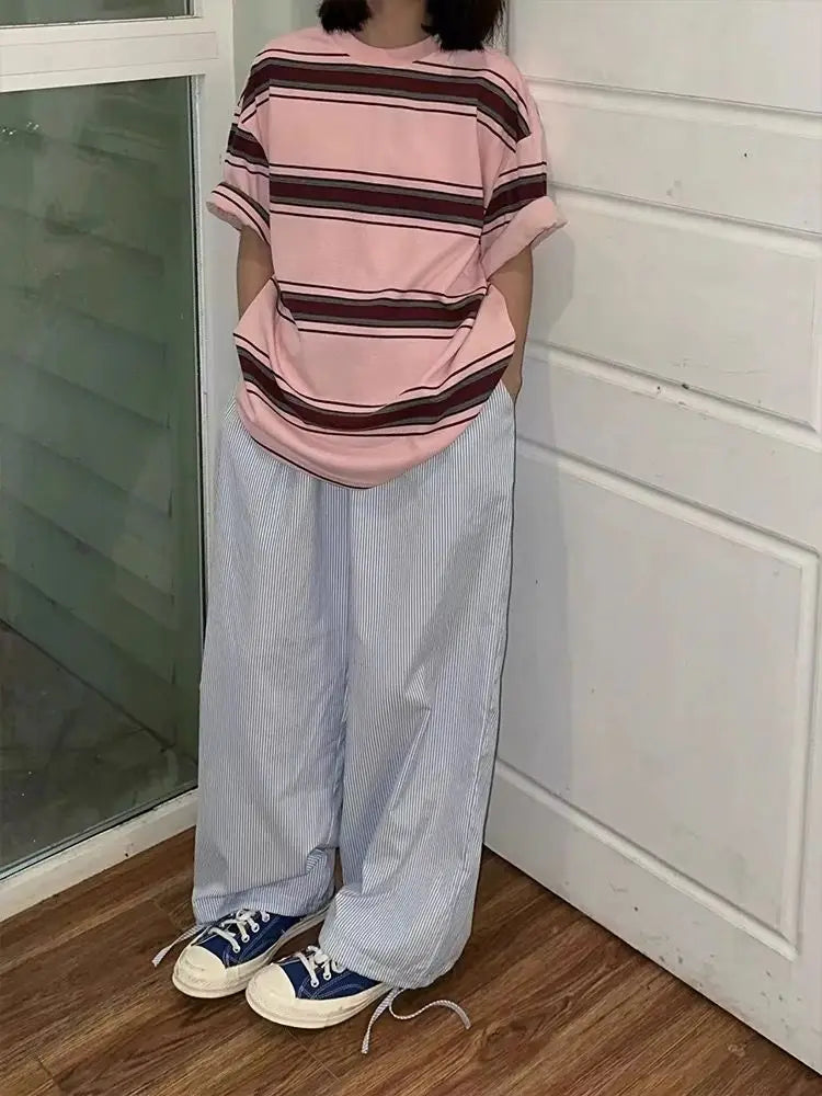 Summer Striped Pants Wide Leg Pants Harajuku Patchwork Fake Two Pieces Trousers Korean