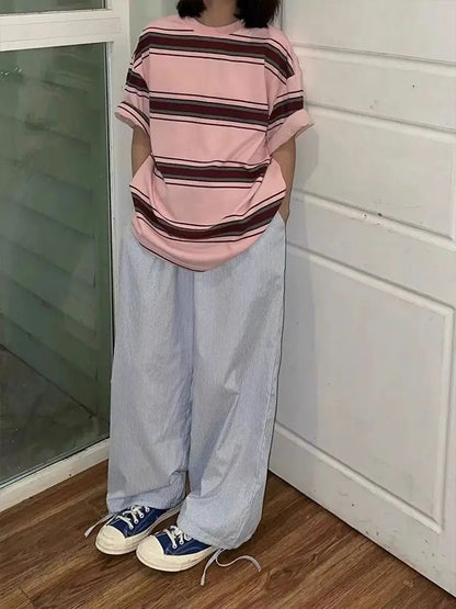Summer Striped Pants Wide Leg Pants Harajuku Patchwork Fake Two Pieces Trousers Korean