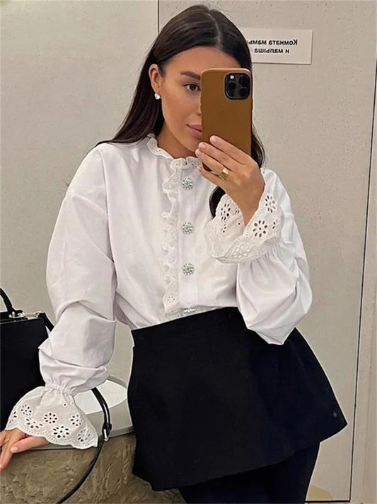 Female Glitter Ruffled Shirts Top Inner Patchwork Long Sleeve Commute Clothes Hollow Out ’s Blouses