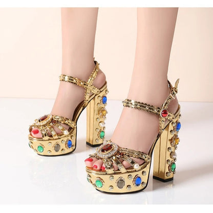 European and American Thick High Heels, Thick Soles, Pure Handmade Diamond Inlaid Sandals, Nightclub Runway Shoes