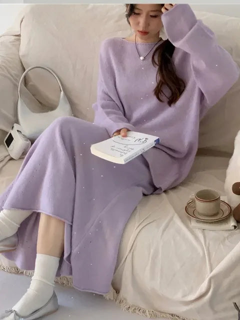 Soft Suits 2 Pieces Female Sets Slash Neck Sweater & Midi Dress Bling Knitted Tracksuit