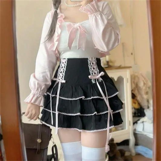 High Waist Bow Laceup Fairy Y2k Aesthetic Cake Mini Skirts Japanese Harajuku Kawaii Lace Pleated Skirts