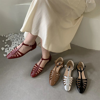 Tstrap Rome Flat Sandals Hollow Out Summer Mary Janes Shoes Pu Leather Holiday Gladiator Sandals