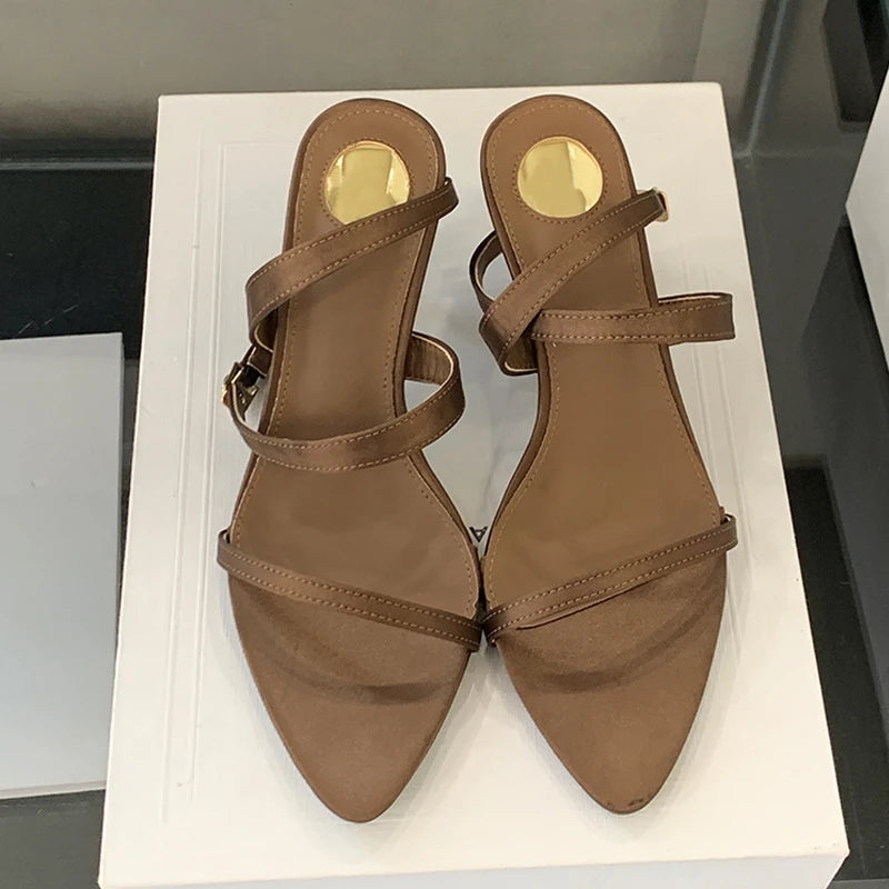 Summer White Sandal for Corss Ankle Buckle Strap Shoes Pointed Open Toe Thin Low Heels Sandalias