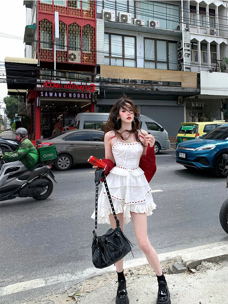 Beach Style Y2k Mini Dress Sleeveless Strap Dress Even Party Clothing Korean Summer