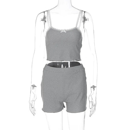 2 Pieces Sets Lace Trim Ribbed Tank Top and Shorts Woman Matching Set Clothing Summer Outfits Lounge Wear