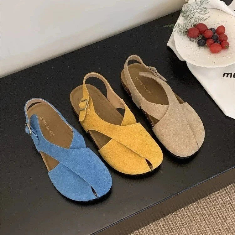 Summer Flats Sandals Platform Shoes Suede Designer Buckle Slippers Brand New Walking Slingback Sandalias Mujer