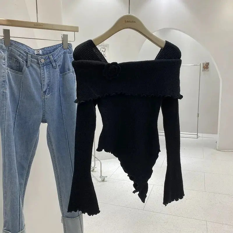 Sweet Hot Girl Threedimensional Flower Knitted Sweater for Autumn Off Shoulder Slim Fit Base Sweater Female Clothes