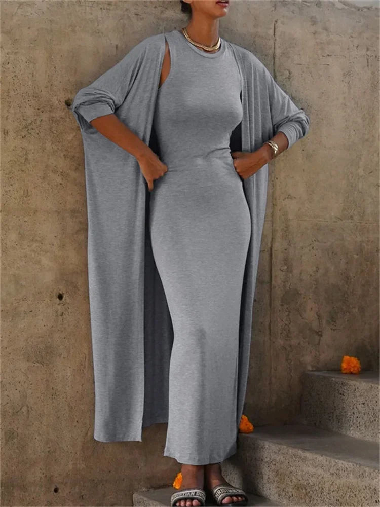 2 Piece-set Female Long Dress Slim High Waist Patchwork Sleeveless Dress and Overcoat Sets Maxi Dress Outfits