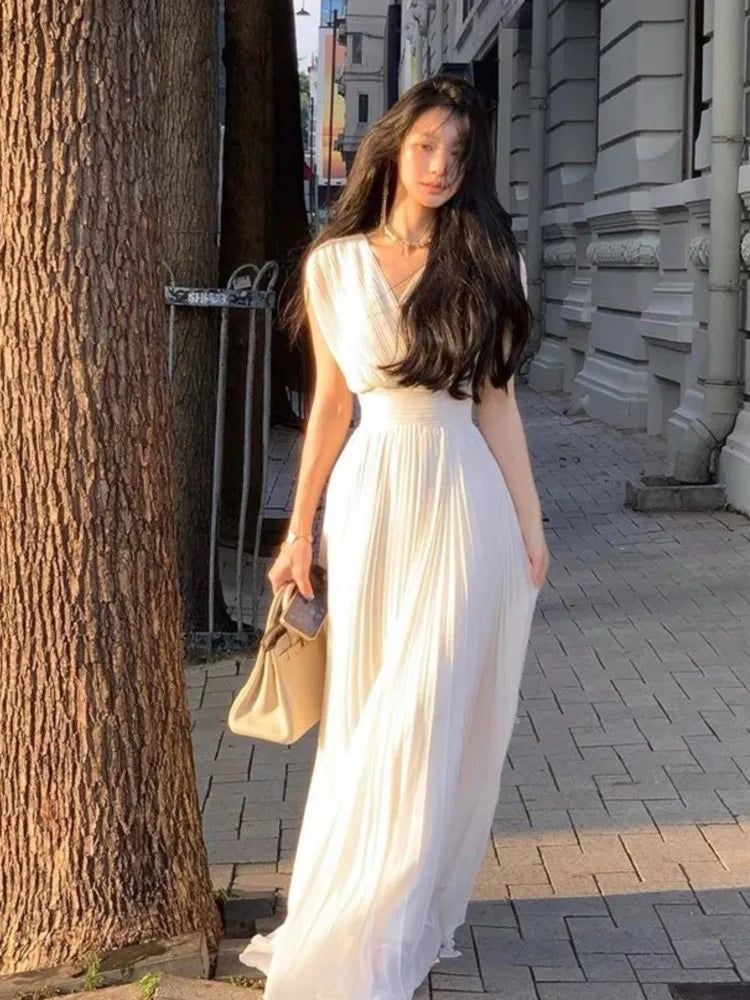 Summer Pleats Long Dresses French V Neck Holiday Party Vestidos High Waist Wedding Robe Clothes