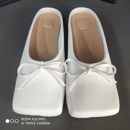 Summer Popular New Square Head Bow Flat Heel Slippers Flat Bag Head Cherry Red White Ballet Flats