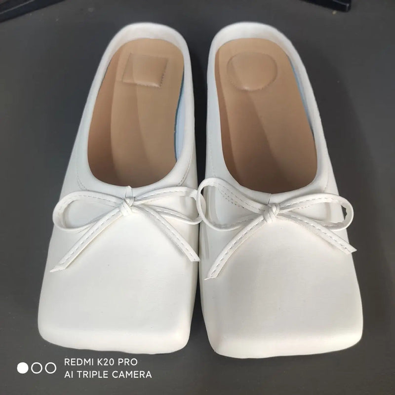Summer Popular New Square Head Bow Flat Heel Slippers Flat Bag Head Cherry Red White Ballet Flats