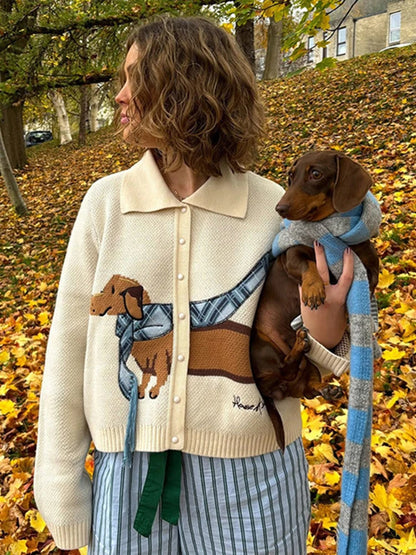 Knitted Printed Dog Cardigan Lapel Single Breasted Short Sweaters Female Autumn Street Knitwear