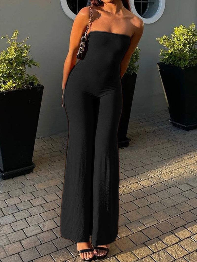Black Strapless Long Jumpsuits for Slim Wide Leg Flared Rompers Simple Vacation Overalls