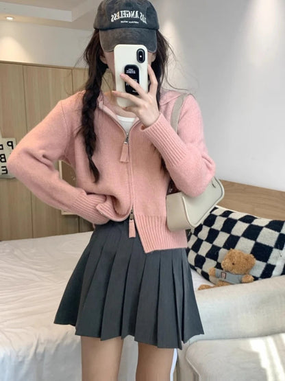 Double Zipper Cropped Knitwear Basic Zip Up Hooded Knitted Cardigan Slim Long Sleeve Sweaters for Winter Clothes