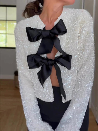 Sparking Bow Sequins Jacket Long Sleeve Shiny Coat Female Short Evening Party Christmas Outerwear