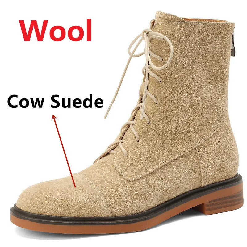 Autumn Winter Ankle Boots Office Genuine Leather Wool Low Heels Comfortable Shoes Woman