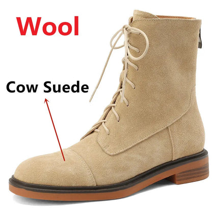 Autumn Winter Ankle Boots Office Genuine Leather Wool Low Heels Comfortable Shoes Woman